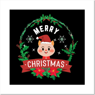 Merry Christmas cat with christmas hat snowflakes design Posters and Art
